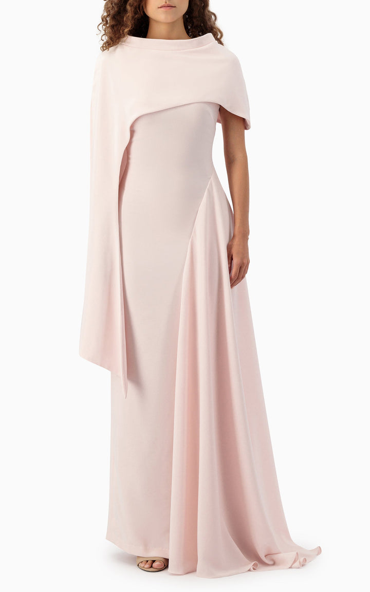 asymmetric draped gown with sculpted shoulder cape – NOIR