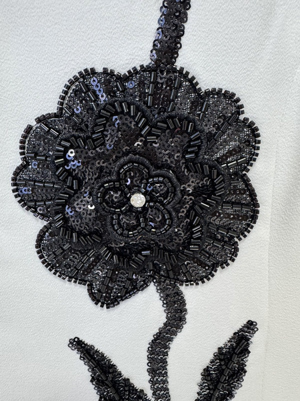 long-sleeve ivory gown with black floral embroidery – VIVIANE