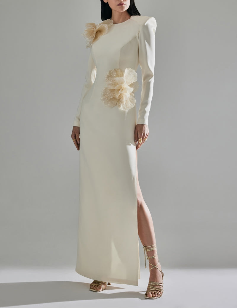 Long-sleeve gown with oversized floral appliqués – IVORINE