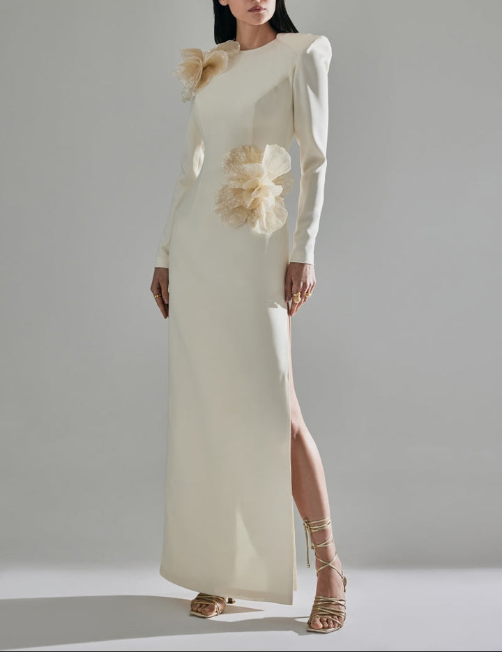 Long-sleeve gown with oversized floral appliqués – IVORINE