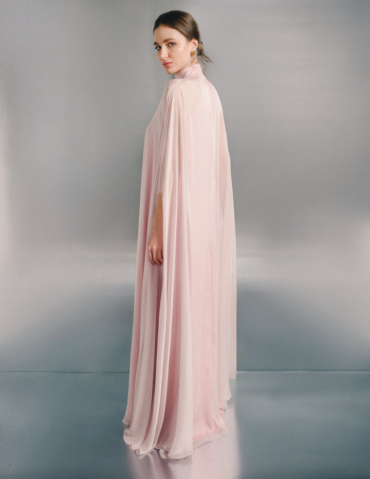 sheer cape maxi gown with high neckline – BLUSH