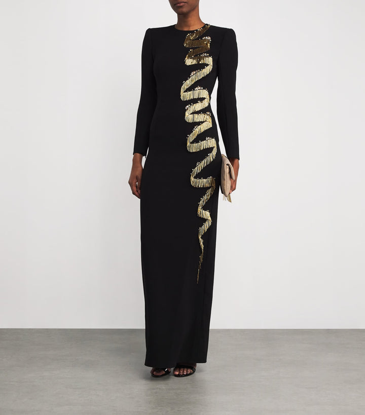 long-sleeve gown with cascading sequin ribbon – SAPPHIRE