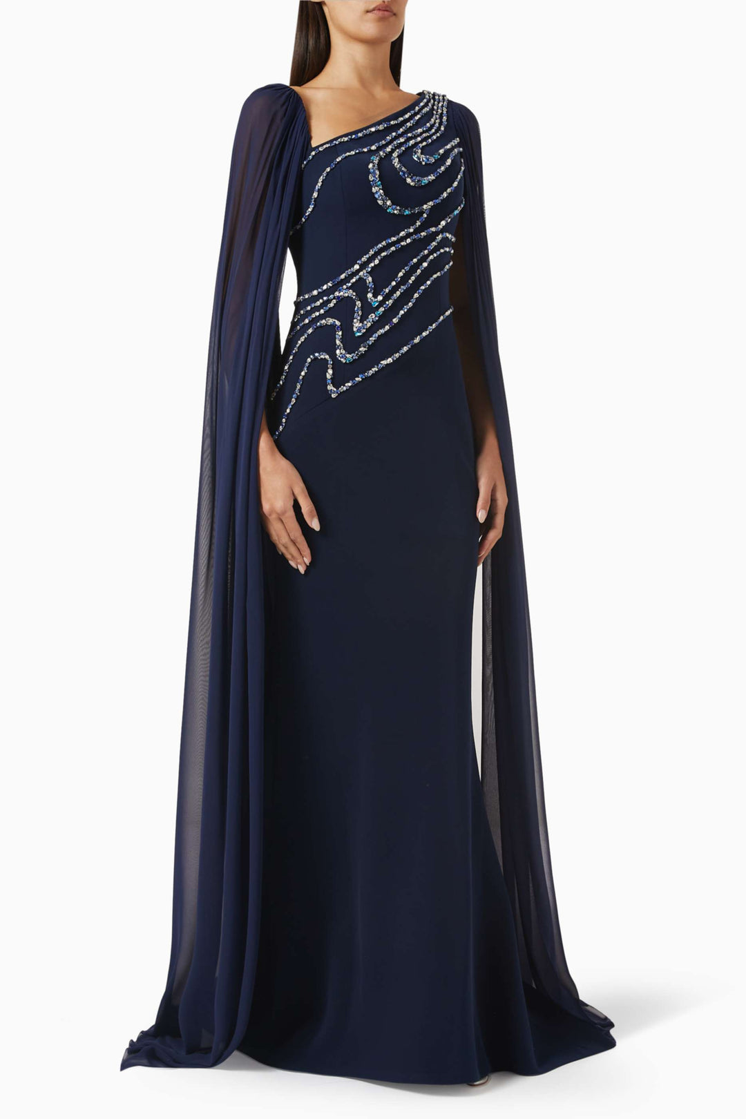 one-shoulder embellished gown with chiffon cape – SERENA