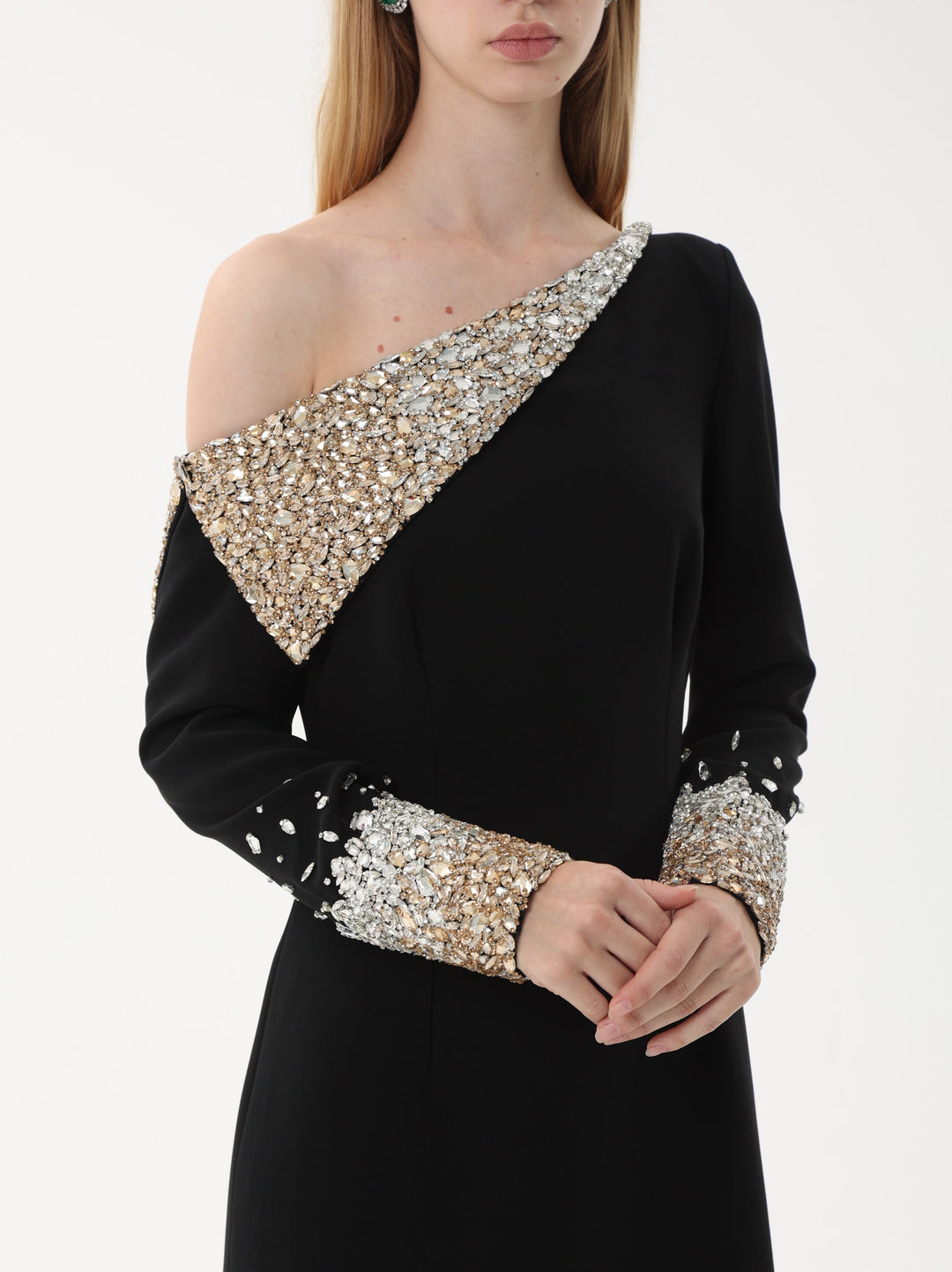 one-shoulder gown with crystal embellished cape sleeve – AURORA