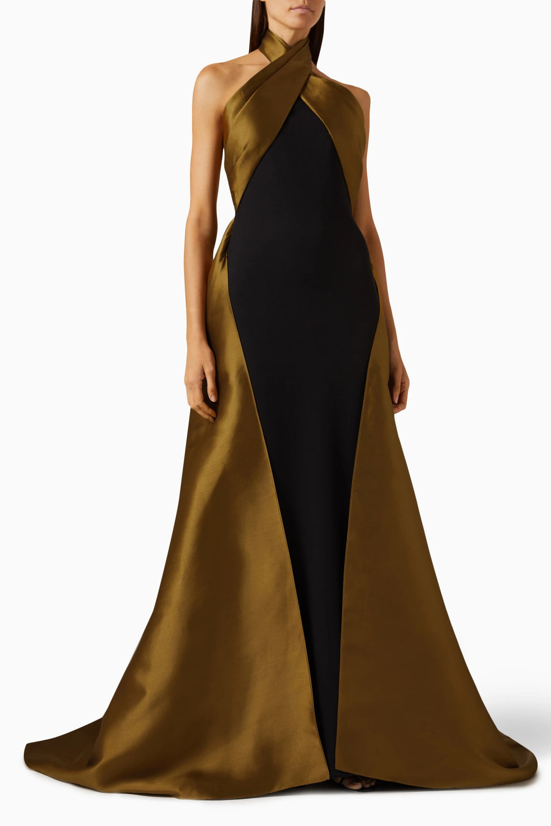 halter-neck satin gown with draped overlay – SCARLET