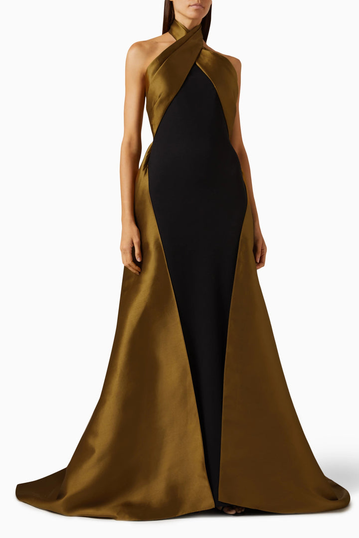 halter-neck satin gown with draped overlay – SCARLET