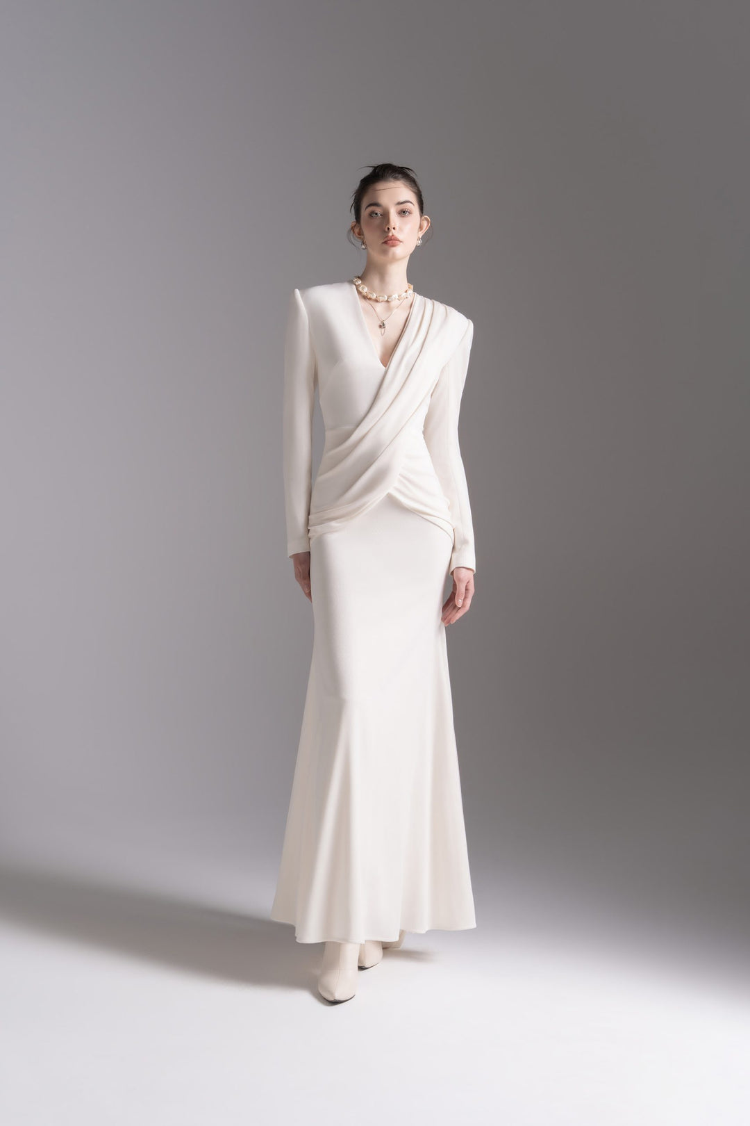 Draped V-neck long-sleeve gown – LAVENYA