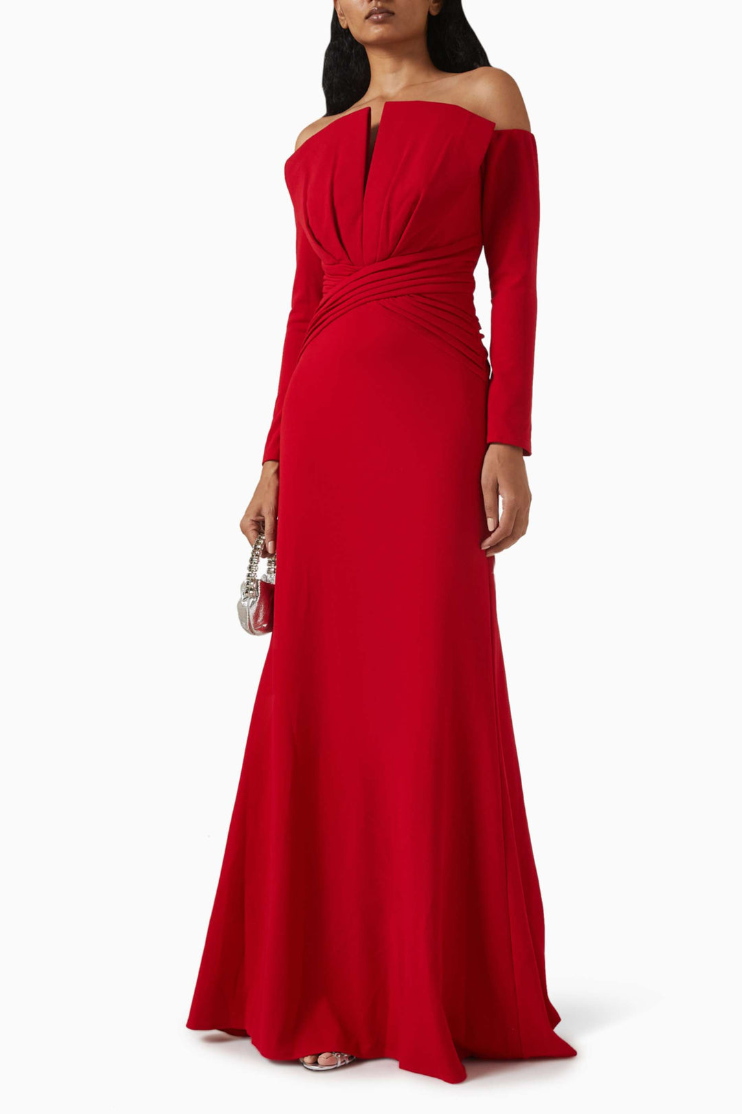 off-shoulder pleated mermaid gown – CRIMSON