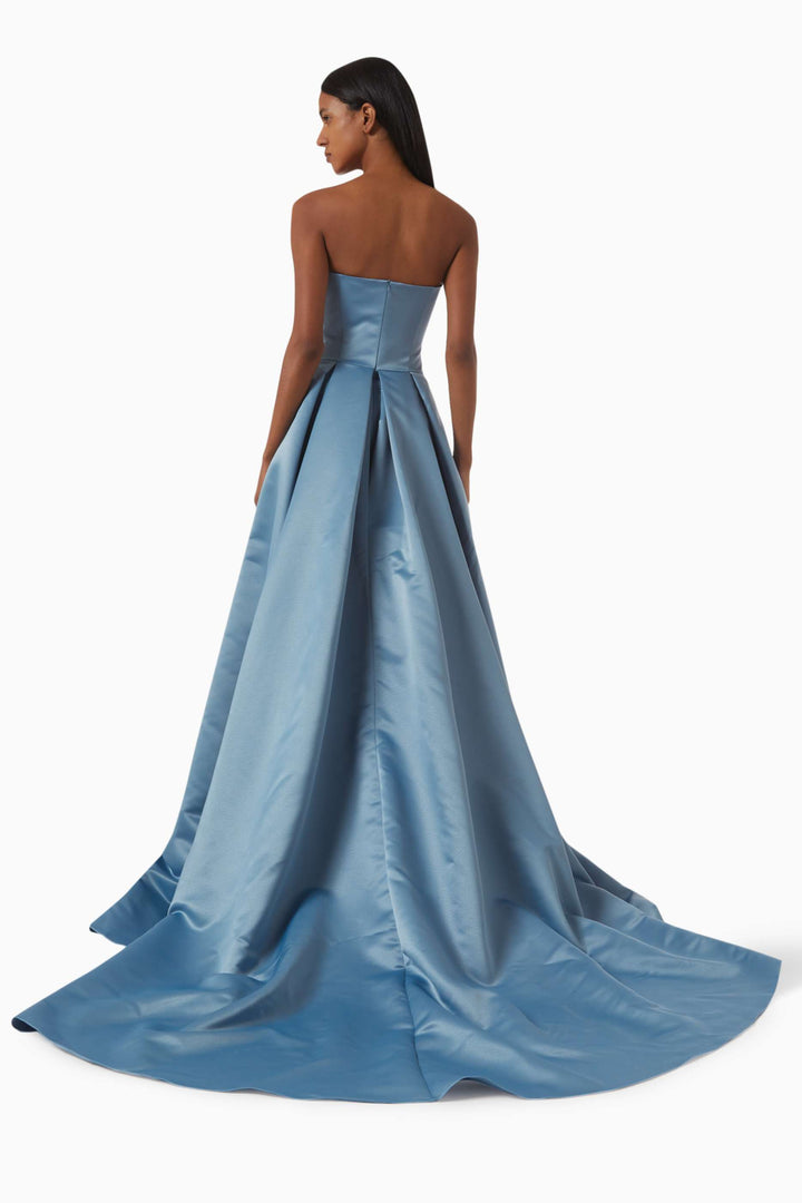 satin gown with draped neckline and side pleats – SKYLA