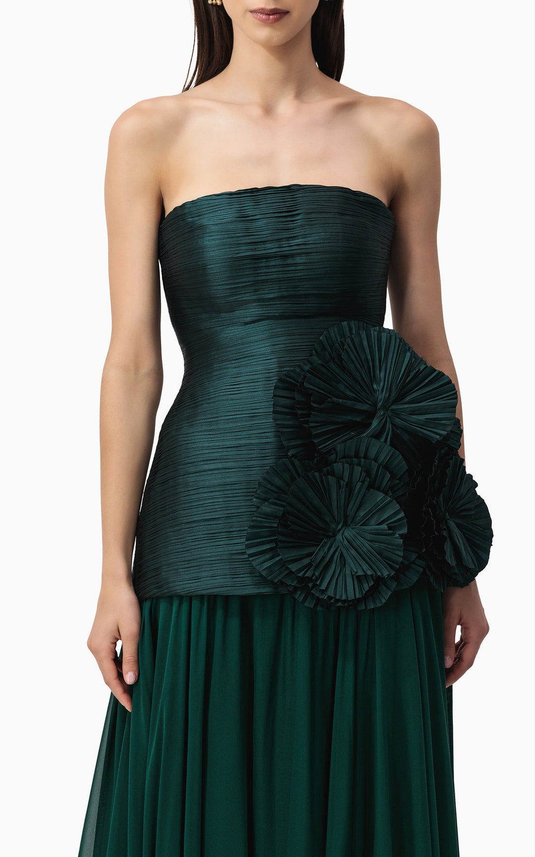 strapless pleated gown with oversized floral appliqués – EMERALD