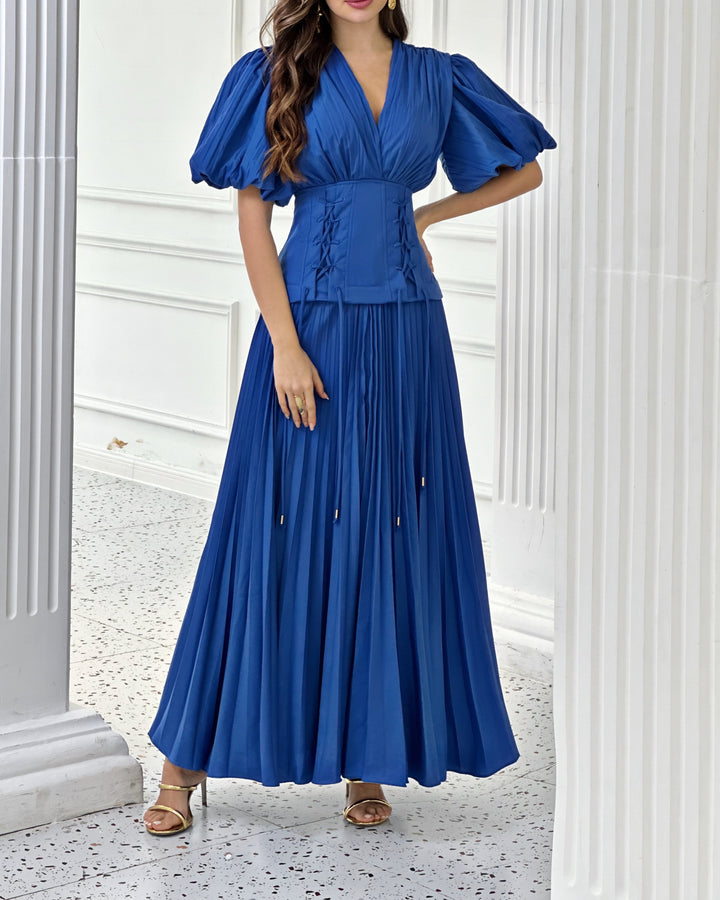 Geplooide top met uitlopende mouwen en maxi-rok set met tailleband – Rosiny 