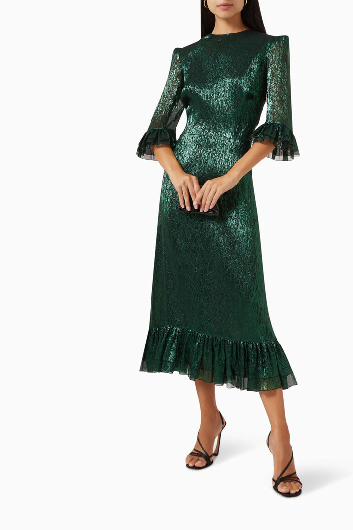 metallic midi dress with ruffled sleeves and hem – SERENA