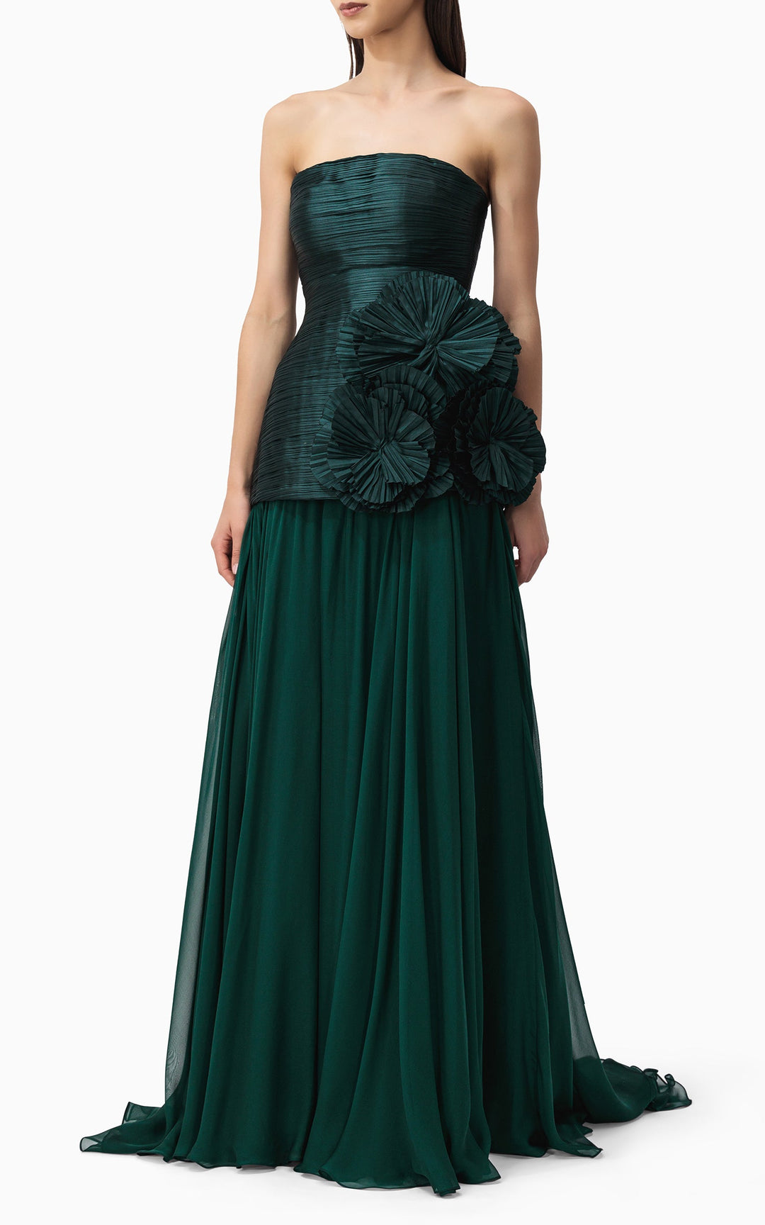 strapless pleated gown with oversized floral appliqués – EMERALD