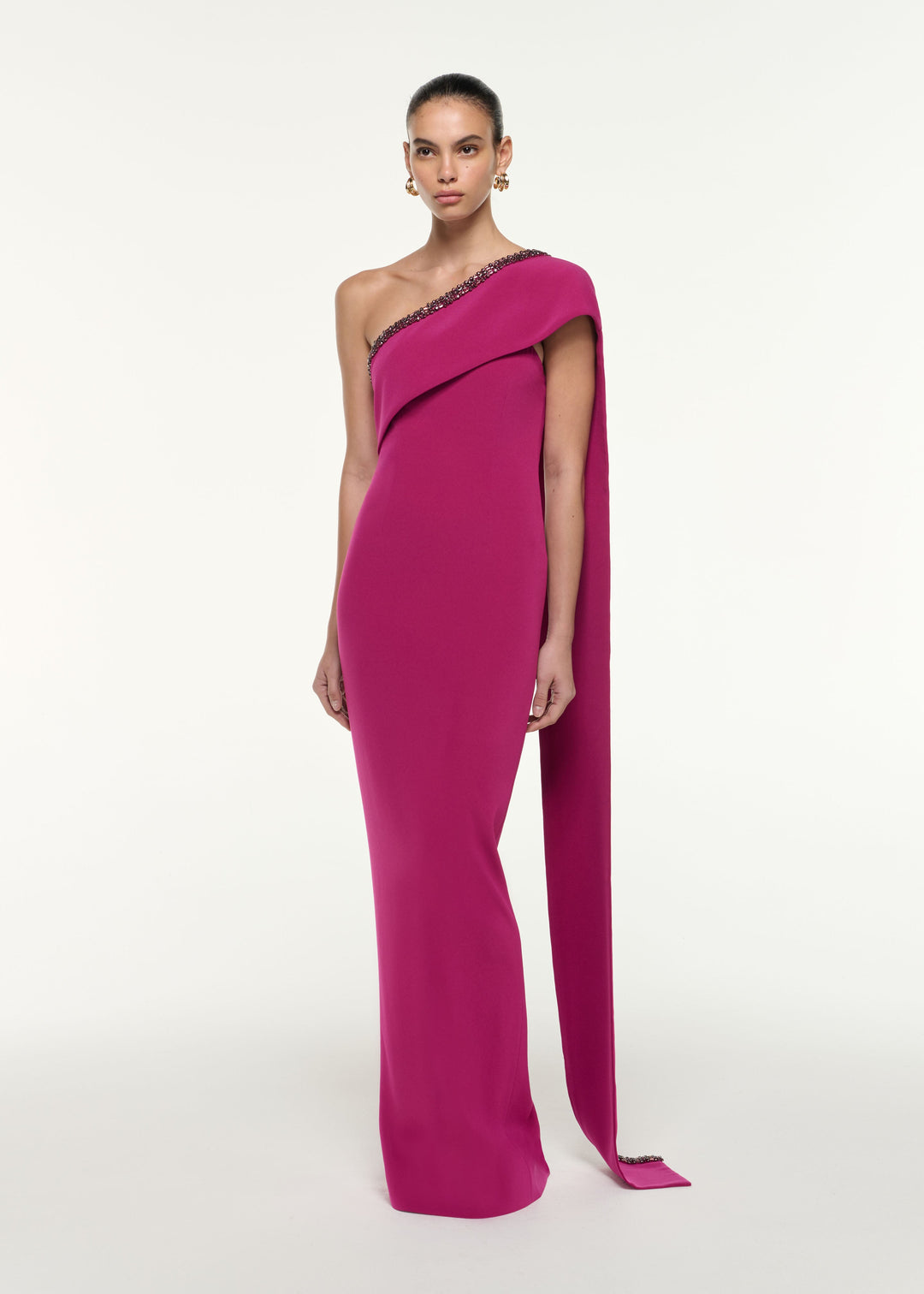 embellished one-shoulder gown with cascading drape – FUCHSIA ELYSIA
