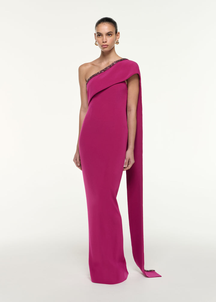 embellished one-shoulder gown with cascading drape – FUCHSIA ELYSIA