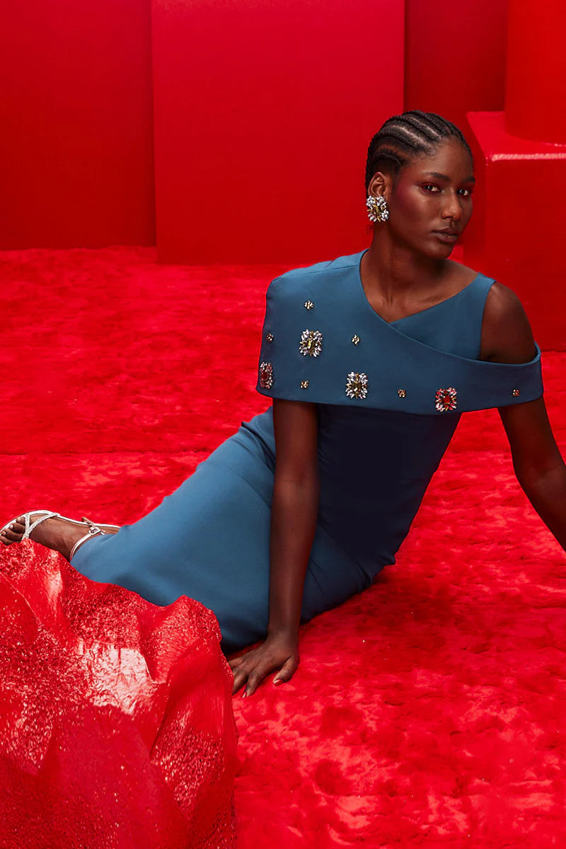 one-shoulder column gown with embellished cape overlay – AZUREH