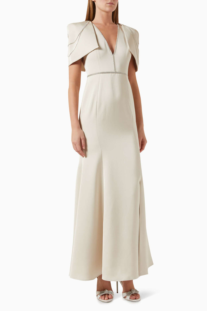structured shoulder gown with crystal trim – IVORY