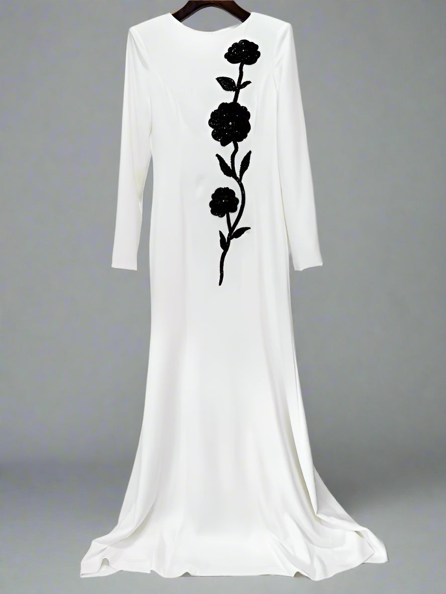 long-sleeve ivory gown with black floral embroidery – VIVIANE