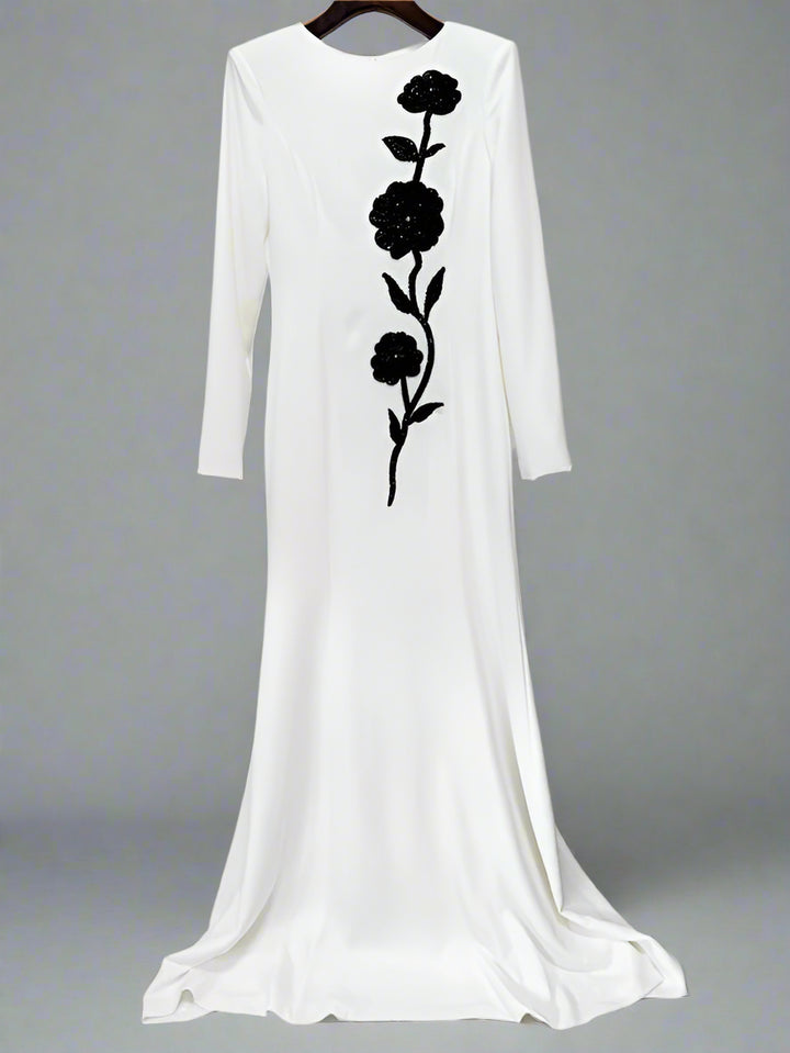 long-sleeve ivory gown with black floral embroidery – VIVIANE