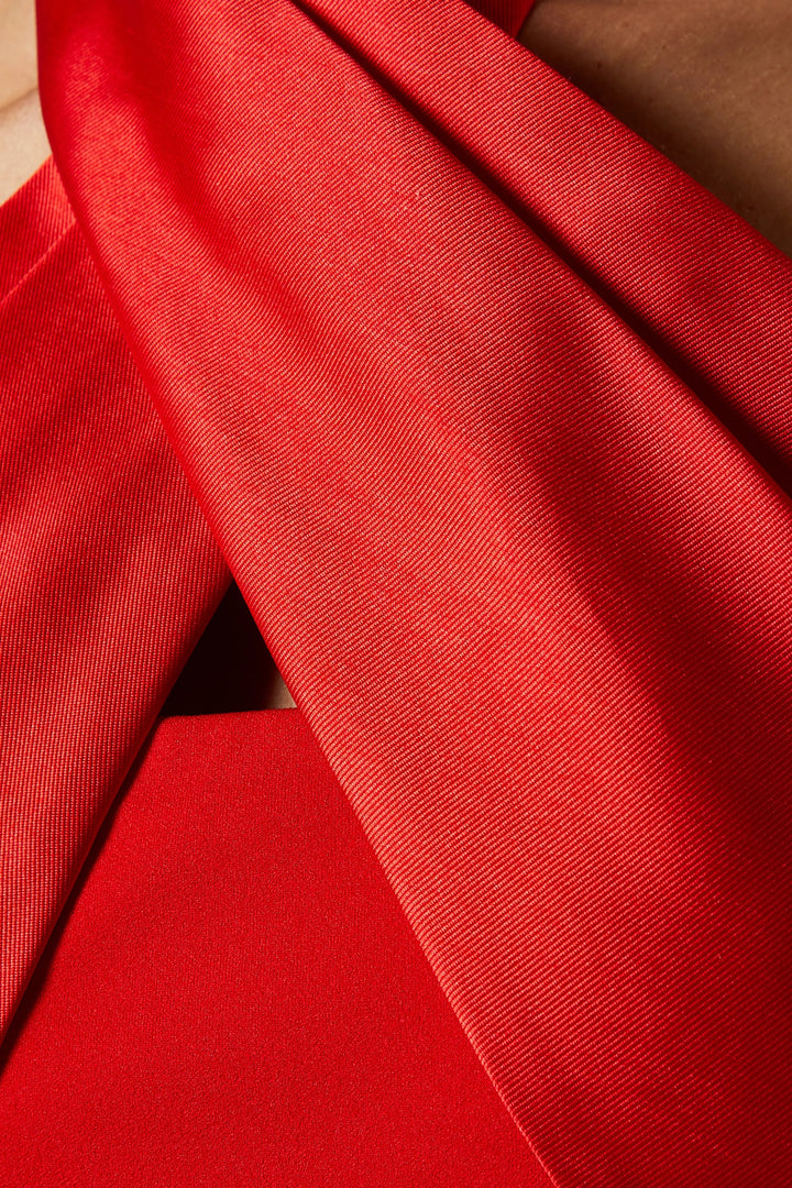 halter-neck satin gown with draped overlay – SCARLET