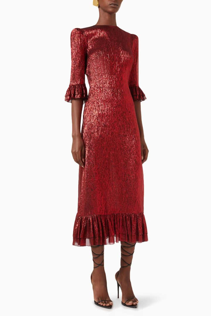 metallic midi dress with ruffled sleeves and hem – SERENA