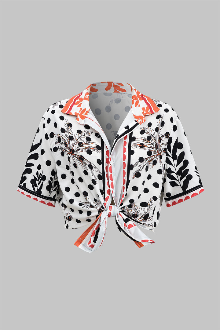 Polka Dots Print Button Short Sleeve Shirt And Ruched Tie Front Shorts Set