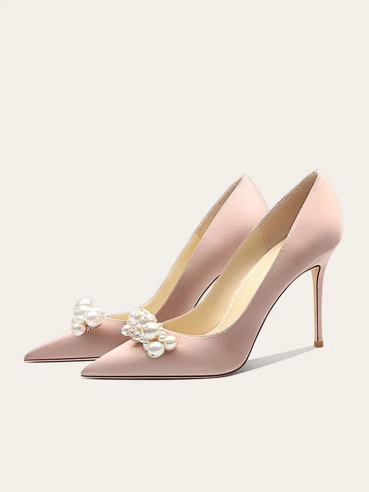 satin pointed-toe heels with crystal leaf embellishment – SERENATA
