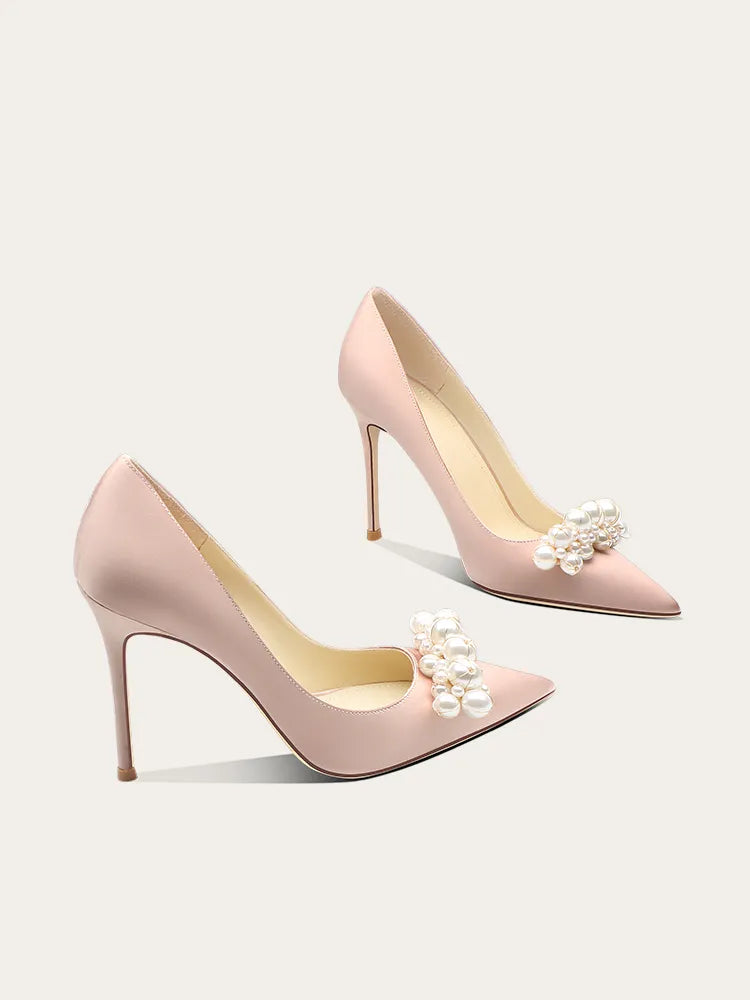 satin pointed-toe heels with crystal leaf embellishment – SERENATA