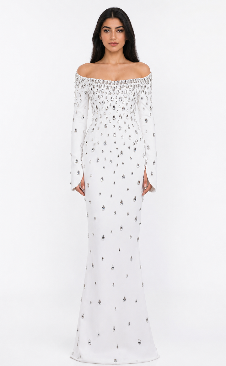 Crystal Embellished Off-Shoulder Mermaid Maxi Dress - Diamond