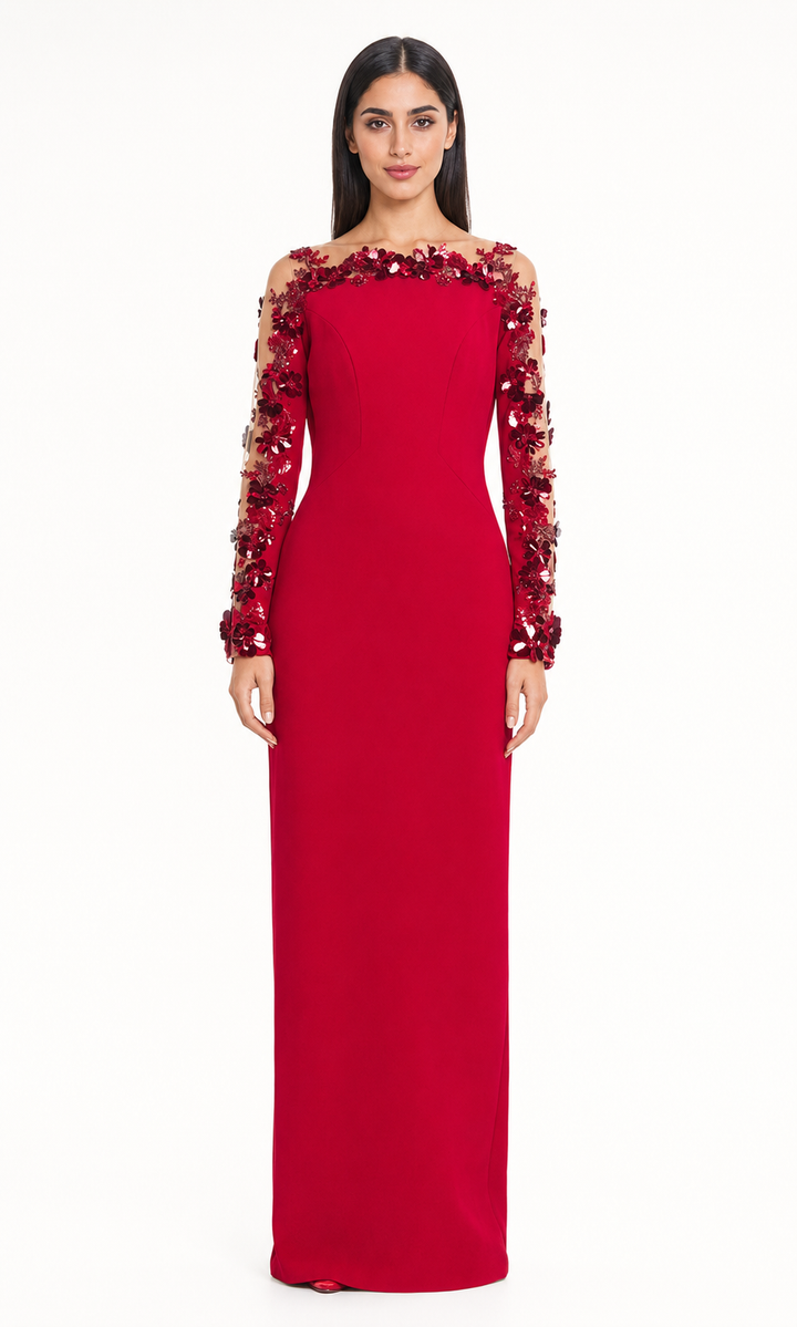 Floral Embellished Illusion Sleeve Maxi Dress - Ruby