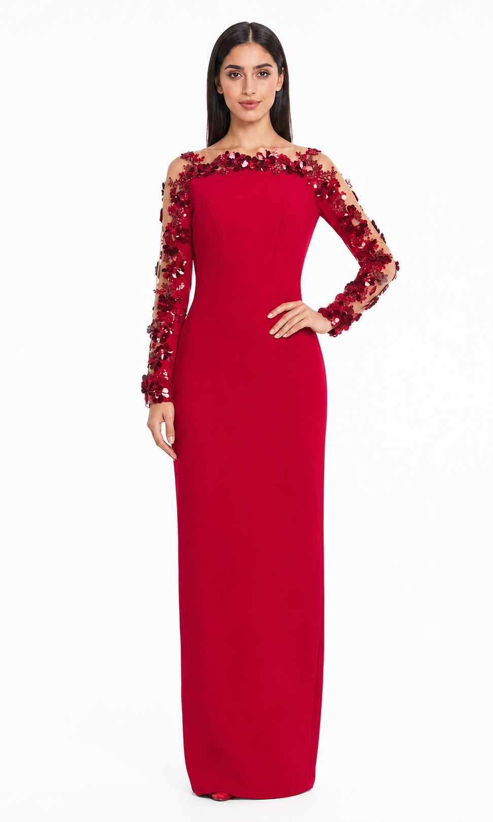 Floral Embellished Illusion Sleeve Maxi Dress - Ruby