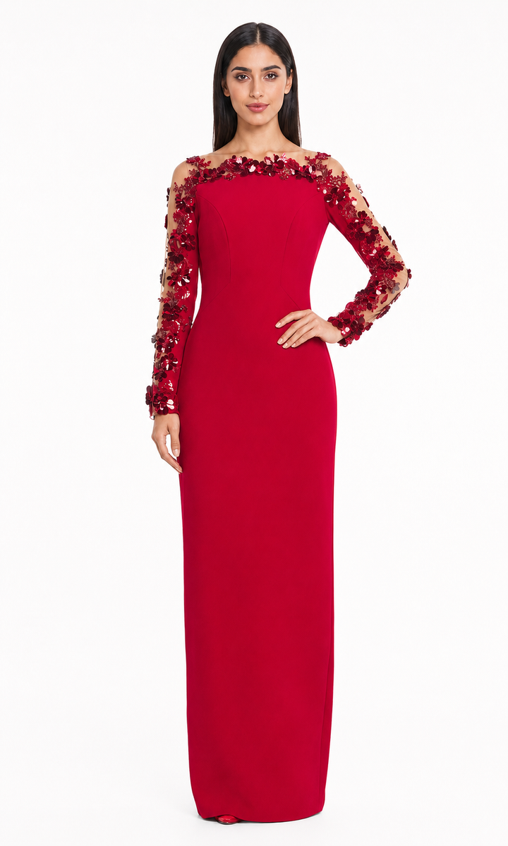Floral Embellished Illusion Sleeve Maxi Dress - Ruby