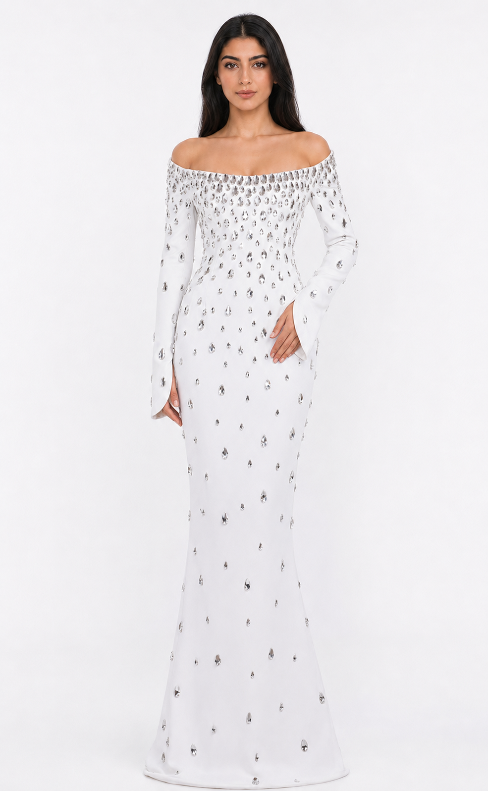 Crystal Embellished Off-Shoulder Mermaid Maxi Dress - Diamond