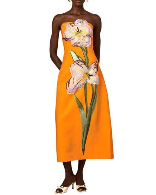 strapless column dress with floral applique – JARDINIZ