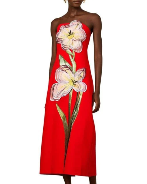 strapless column dress with floral applique – JARDINIZ