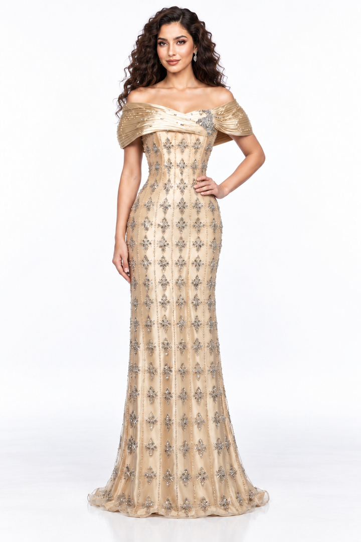 Embellished Off-Shoulder Column Evening Gown - Aurielle