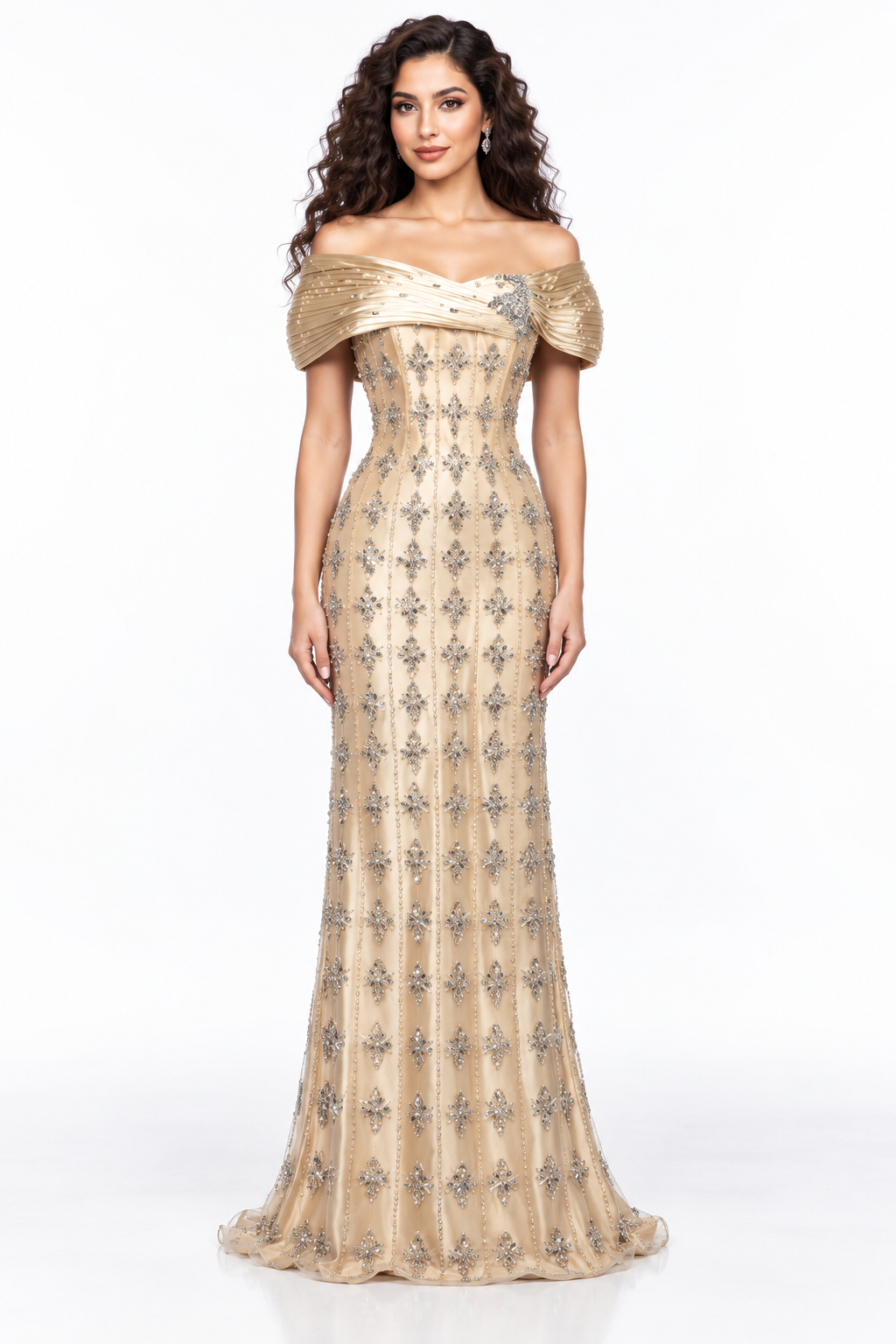 Embellished Off-Shoulder Column Evening Gown - Aurielle
