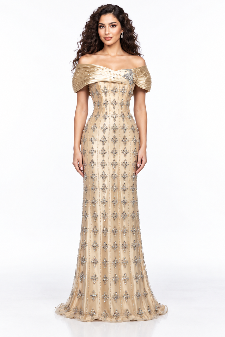 Embellished Off-Shoulder Column Evening Gown - Aurielle