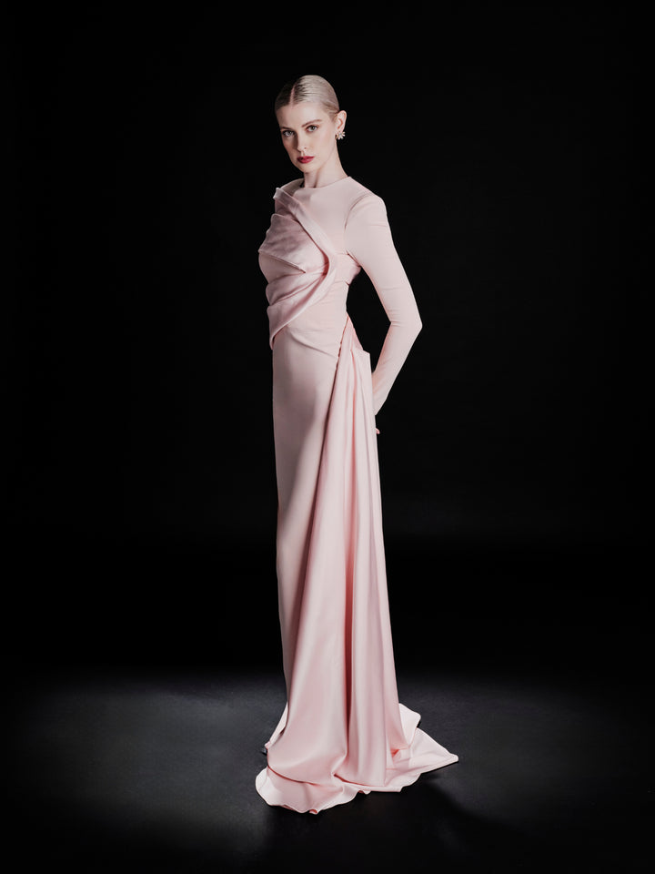 long-sleeve draped column evening gown – RUBINA