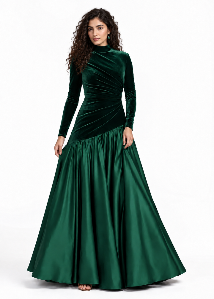 Velvet Draped Satin Maxi Dress - Emerald