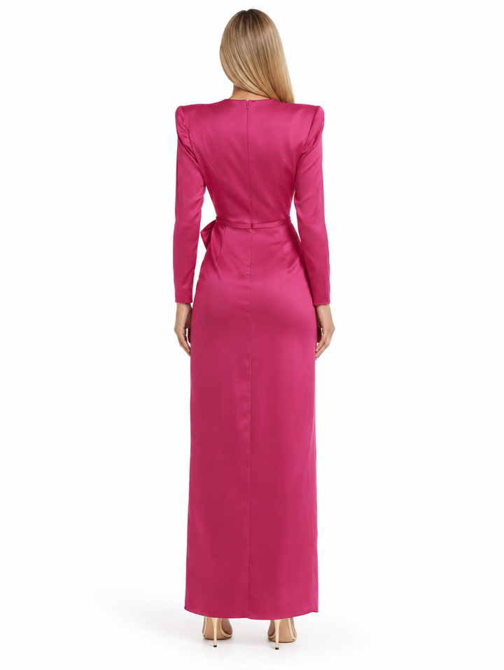 Satin Bow Slit Gown - Fuchsia