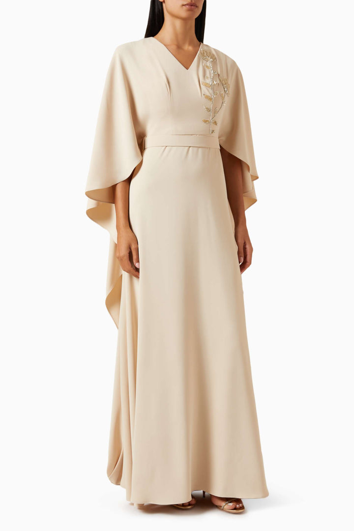 embroidered cape-sleeve gown – SERENITY