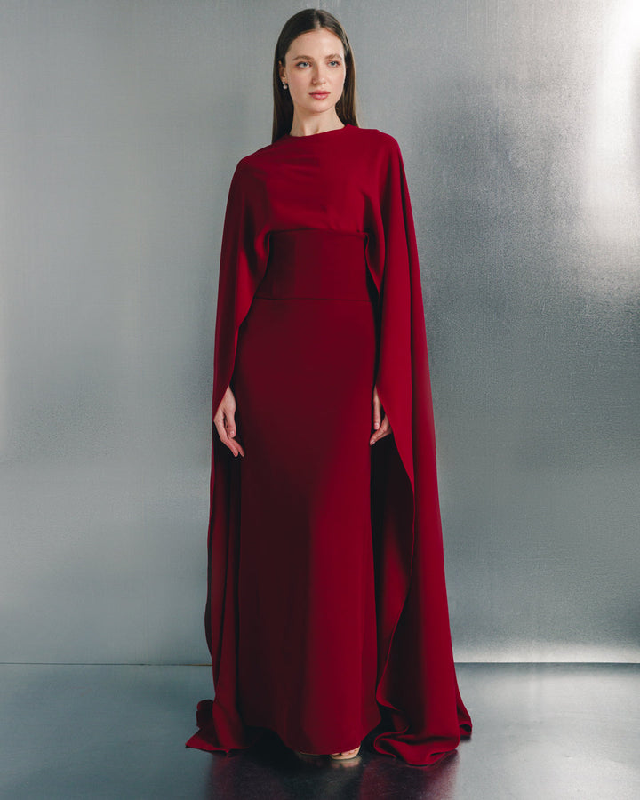 cape-sleeve column evening gown – CRIMSONA