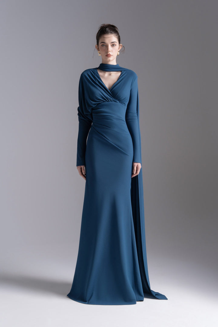 Draped V-neck gown with scarf detail – AURELIA