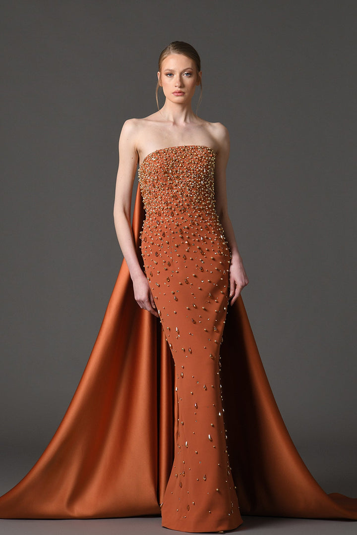 strapless crystal-embellished column gown with dramatic train – AUREXIA