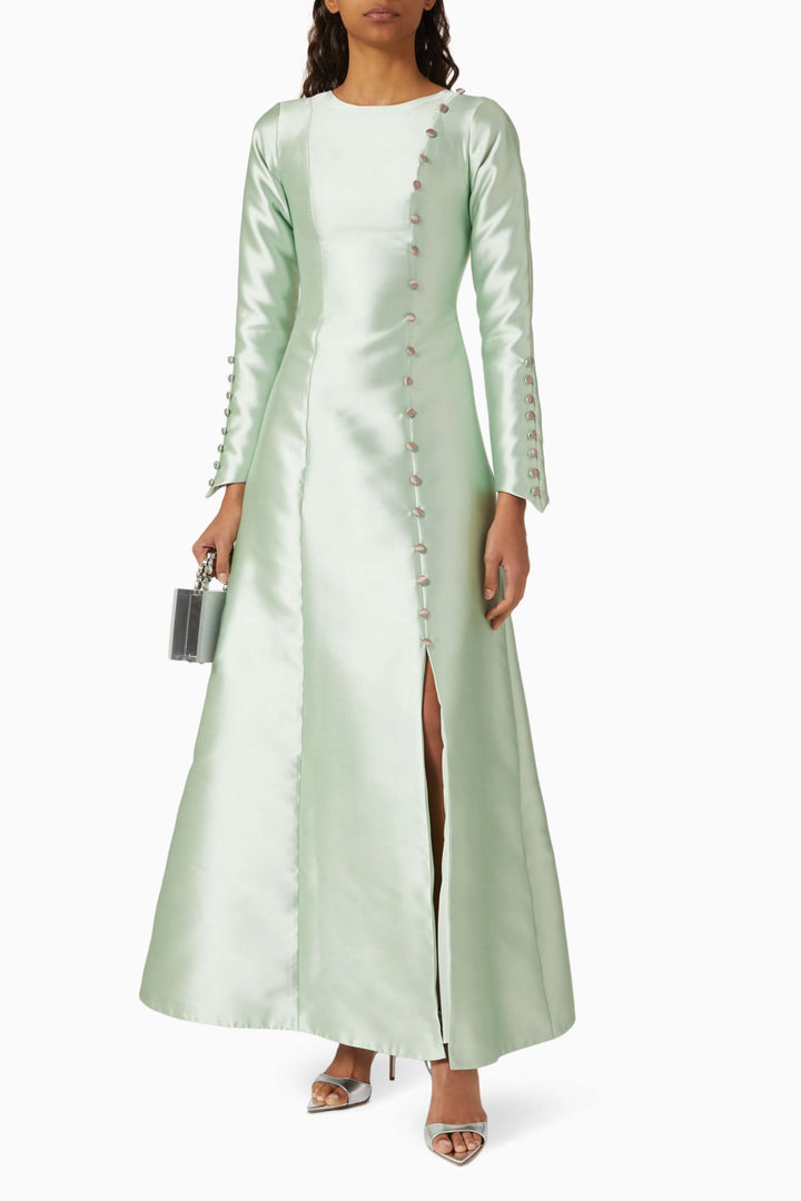satin long-sleeve gown with button detailing – MINT GRACE