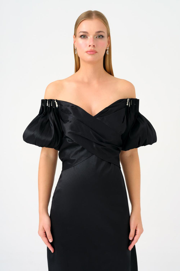 off-shoulder satin gown with puff sleeves – AURELIA