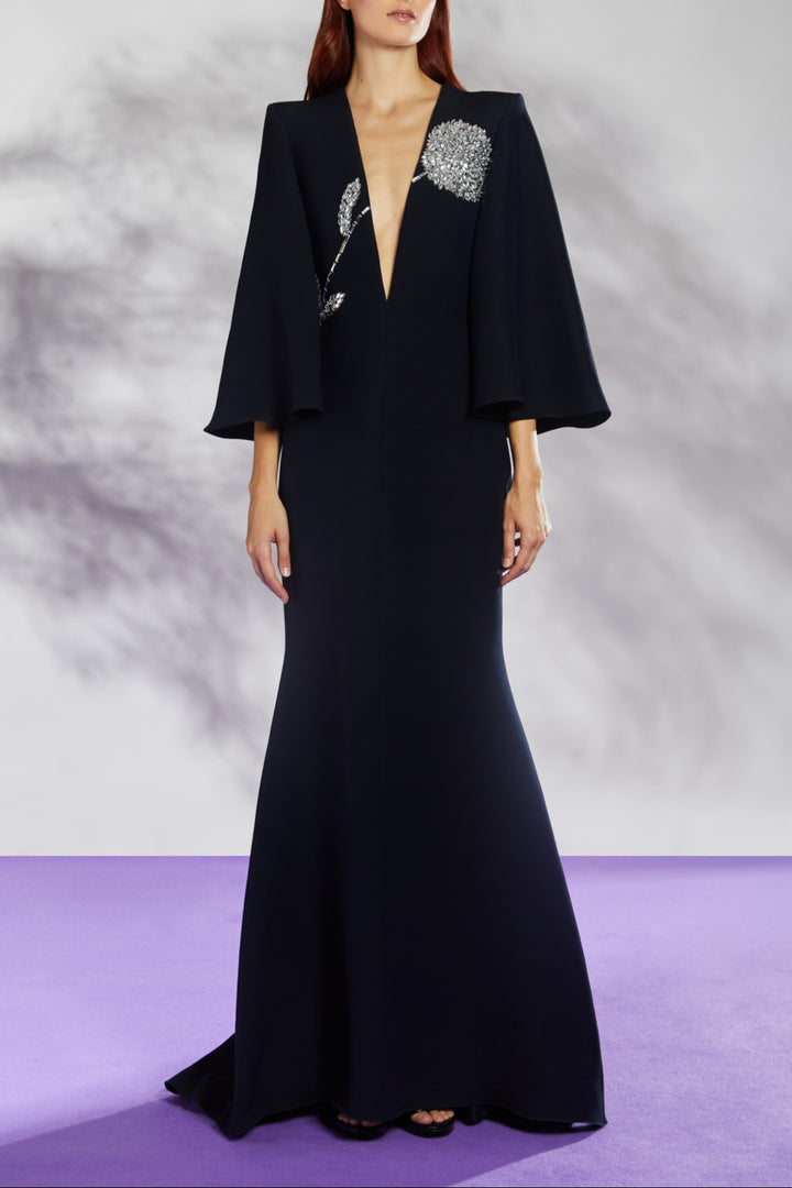 deep-V gown with crystal floral appliqué – NOIRÉ