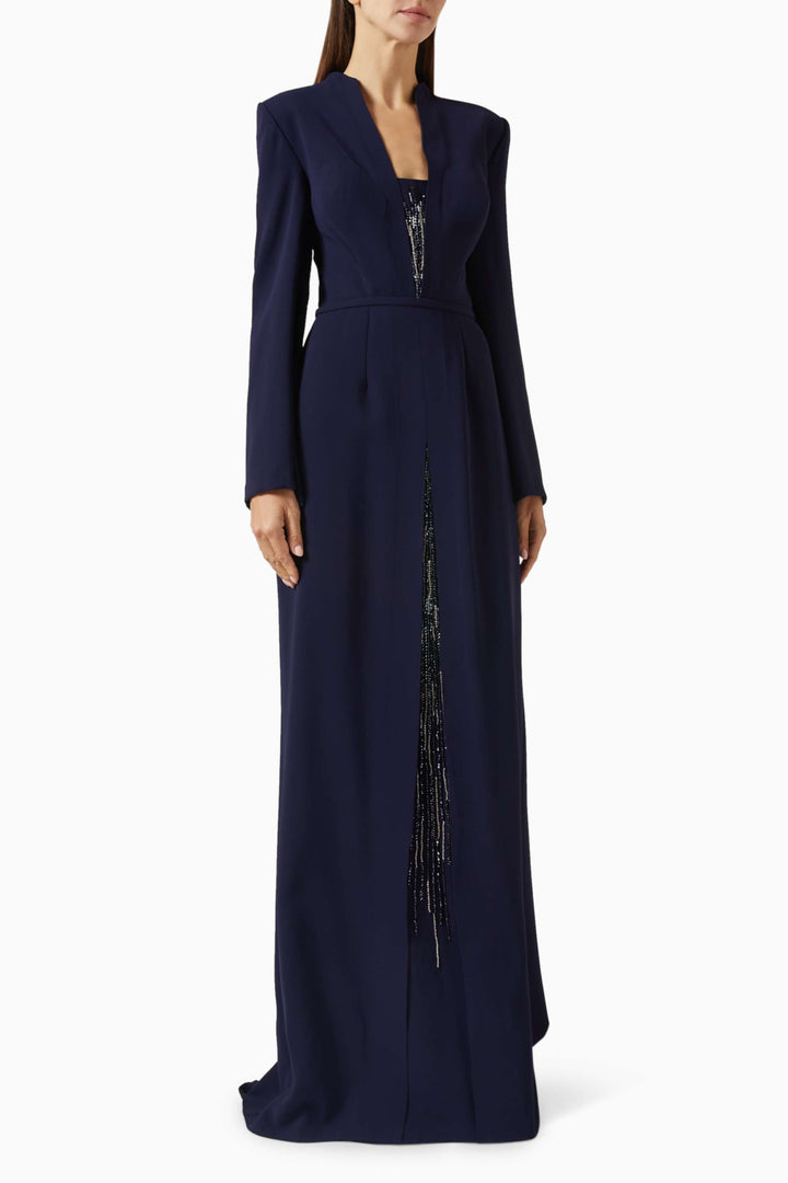 Structured gown with sequin-paneled slit – MIDNIGHTE