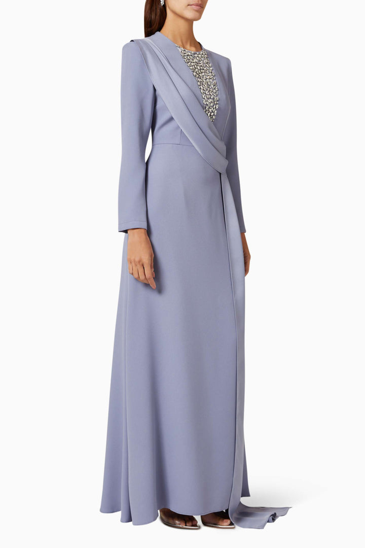 long-sleeve gown with embellished illusion neckline & draped sash – RHEA